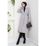 Pamuk Butik Kadın Kürk Detaylı Kuşaklı Astarlı Kaşe Kaban -PMK474 - Gri - 42