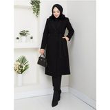 Pamuk Butik Kadın Kürk Detaylı Kuşaklı Astarlı Kaşe Kaban -PMK474 - Siyah - 38