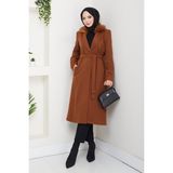Pamuk Butik Kadın Kürk Detaylı Kuşaklı Astarlı Kaşe Kaban -PMK474 - Taba - 44