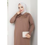 Pamuk Butik Kadın Yakası Dantelli Merserize Triko Elbise -PMK466 - Sütlü Kahve - Standart