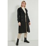 Pamuk Gabardin Uzun Kruvaze Trençkot - 2XL - Siyah