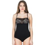 Pamuk Kumaş Ön Kısımları Geniş Dantel Işlemeli Ip Askılı Çıt Çıtlı Body Atlet - Siyah - XL