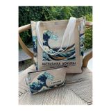 pamukcanta Katsushika Hokusai Kanvas Bez Çanta& Makyaj Çantası Yıkanabilir Metal Çıtçıtlı Cepli (2'li Set)