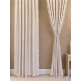 PAMUKIDEA Krem Ponponlu - Püsküllü %100 Pamuklu Buldan Keten Perde - Tek Kanat - (En x Boy) - Krem - Bej - 220 x 180 cm