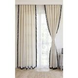 PAMUKIDEA Siyah Ponponlu - Püsküllü %100 Pamuklu Buldan Keten Perde - Tek Kanat - (En x Boy) - 100 x 120 cm - Siyah - Bej