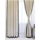 PAMUKIDEA Siyah Ponponlu - Püsküllü %100 Pamuklu Buldan Keten Perde - Tek Kanat - (En x Boy) - 150 x 250 cm - Siyah - Bej