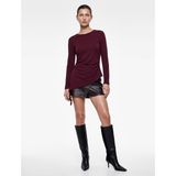 Pamuklu Bisiklet Yaka Uzun Kollu Slim Fit Drapeli Mürdüm Rengi Asimetrik Bluz