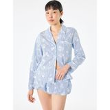 Pamuklu Cep Detaylı Uzun Kollu Çiçek Desenli Çizgili Pijama Üstü