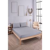 Pamuklu Çizgili Saten Çift Kişilik Lastikli Çarşaf Takımı 180x200 Cm 2 Adet Yastık Kılıfı 50x70 Cm Gri