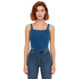 Pamuklu Denim Bluz Crop Kesim Kare Yaka Yazlık Kaliteli İşçilik Zarifane Tasarım_Mavi-42