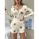 Pamuklu Ekru Ayıcık Desenli Düğmeli Tulum Pijama - S - M