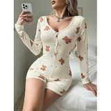 Pamuklu Ekru Ayıcık Desenli Düğmeli Tulum Pijama