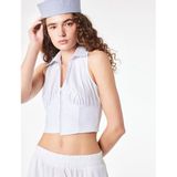 Pamuklu Fermuarlı Kolsuz Klasik Yaka Çizgili Crop Korse Bluz Mavi