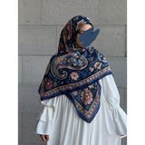 Pamuklu Flora Desen Eşarp-Lacivert