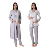 Pamuklu Gri Sabahlıklı Hamile Lohusa Pijama Takımı Effort 3'lü Set, 2XL, EFF9074-198IGP101839