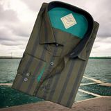 Pamuklu Haki Uzun Kollu Çizgi Bloklu Erkek Gömlek (Slim Fit Kalıp) - 2XL