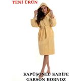 Pamuklu Kapüşonlu Genç Garson Boy Unisex Cepli Bukle Kadife Bornoz - 13 - 14 Yaş - Sarı