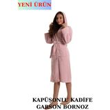 Pamuklu Kapüşonlu Genç Garson Boy Unisex Cepli Bukle Kadife Bornoz - Gülkurusu