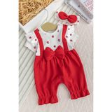 Pamuklu Kız Bebek Yazlık Tulum Takım Set Bandanalı Fiyonklu - 6 - 9 Ay - Kırmızı