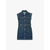 Pamuklu Kolsuz Kuşak Detaylı Gömlek Yaka Denim Elbise