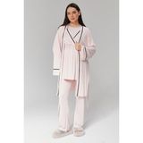 Pamuklu Kruvaze Yaka Lohusa ve Günlüğe Uygun Pijama Sabahlık Takımı - Pudra - XL