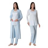 Pamuklu Mavi Sabahlıklı Hamile Lohusa Pijama Takımı Effort 3'lü Set, 2XL, EFF9074-198IGP101844