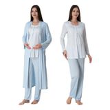 Pamuklu Mavi Sabahlıklı Hamile Lohusa Pijama Takımı Effort 3'lü Set, XL, EFF9074-198IGP101843
