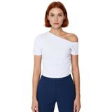 Pamuklu Örme Bluz Asimetrik Yaka Crop Düşük Kol Rahat Günlük Kullanım Profesyonel Görünüm_Beyaz-XS