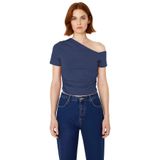 Pamuklu Örme Bluz Asimetrik Yaka Crop Düşük Kol Rahat Günlük Kullanım Profesyonel Görünüm_Indigo-XL