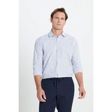 Pamuklu Oxford Slim Fit Dar Kesim Klasik Yaka Armürlü Beyaz-Lacivert Gömlek - Beyaz - Lacivert