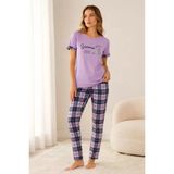 Pamuklu Penye Summer Baskılı Kısa Kollu Pijama Takımı Bisiklet Yaka Ekose Desenli - Lila