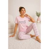 Pamuklu Penye Summer Baskılı Kısa Kollu Pijama Takımı Ekose Desenli - Pembe