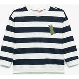 Pamuklu Şardonlu Uzun Kollu Bisiklet Yaka Çizgili Sweatshirt - 18 - 24 Ay - Lacivert