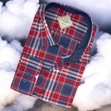Pamuklu Uzun Kollu Kırmızı Çizgi Bloklu Erkek Gömlek (Slim Fit Kalıp)