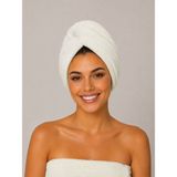 Pamuva %100 Pamuk Saç Havlusu Bone Düğme ve Lastik Detaylı - Hafif ve Yumuşak Doku - Beyaz - 25 x 65 cm