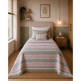 Pamuva Tek Kişilik Pamuklu Pike 175X215 cm Püsküllü Dokuma Yatak Örtüsü Çizgili - Pembe - Gri
