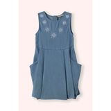 Panço Dress Standart Elbise Kız Çocuk Nakışlı Detaylı Denım Elbise Mavi