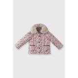 Panço Kız Bebek Yakası Tak Çıkar Kürklü Çıtçıtlı Çiçek Desenli Ekru Mont - Bej - 12 - 18 Ay