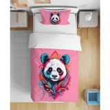 Panda 3D Dijital Baskılı Futbol Tek Kişilik Çarşafsız Genç Kız Çocuk Nevresim Takımı - Pembe - 160 x 220 cm
