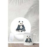 Panda Ailesi Desenli Bilek Destekli Mouse Pad Kupa Seti - Renkli