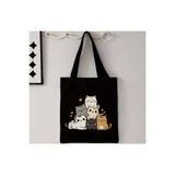 Panda Baskı Tekstil Minik Kediler Baskılı Özel Tasarım Siyah 35x40cm %100 Pamuk Ham Bez Çanta
