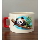 Panda Baskılı Kırmızı Kulplu Fincan Seramik Kupa - Seramik Çay, Kahve Hediyelik Bardağı - Krem - 1 Adet