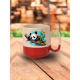 Panda Baskılı Kırmızı Tabanlı Kupa Bardak - Seramik Çay, Kahve Hediyelik Bardağı - Krem - 1 Adet
