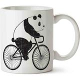 Panda Bisiklet Süren Panda Porselen Kupa Bardak - Beyaz - 300 cc