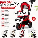 Panda Figürlü Tenteli Ebeveyn Kontrollü 3 Tekerlekli Çocuk Bisikleti - Gri
