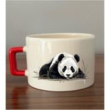 Panda Görselli Kırmızı Kulplu Fincan Seramik Kupa - Seramik Çay, Kahve Hediyelik Bardağı - Krem - 1 Adet