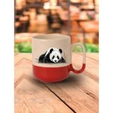 Panda Görselli Kırmızı Tabanlı Kupa Bardak - Seramik Çay, Kahve Hediyelik Bardağı - Krem - 1 Adet