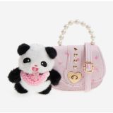 Panda Peluş Oyuncak ve Pembe Çiçekli Mini Çanta Seti | İnci Saplı Çanta, Altın Kalp Toka, Pembe Atkılı Peluş, Kız Çocuk İçin, 2'li Set