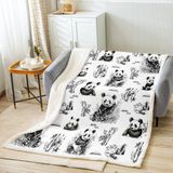 Panda Polar Battaniye Çift Kişilik 152 cm x 200 cm Çocuklar için Sevimli Hayvan Peluş Battaniye Erkek Gençler için Siyah Beyaz Sherpa Battaniye Panda Ayı Bambu Baskılı Bulanık Battaniye Oda Dekoru