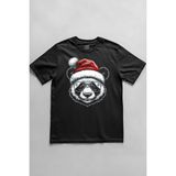 Panda Santa Noel Şapkası Baskılı Tişört Funny New Year Yeni Yıl Yılbaşı T-Shirt Unisex - Siyah - M